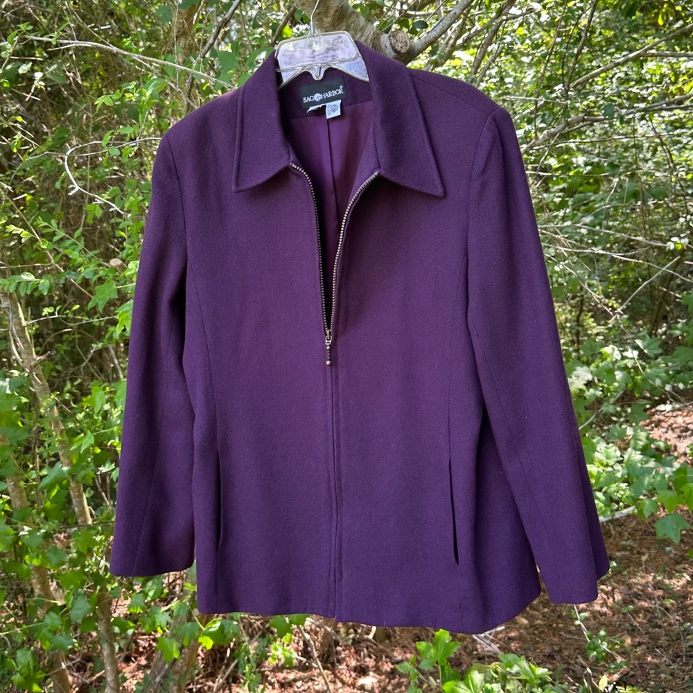 Sag Harbor Vintage 100% Wool Zip Front Jacket Purple Plum Collared Size 10 Womo